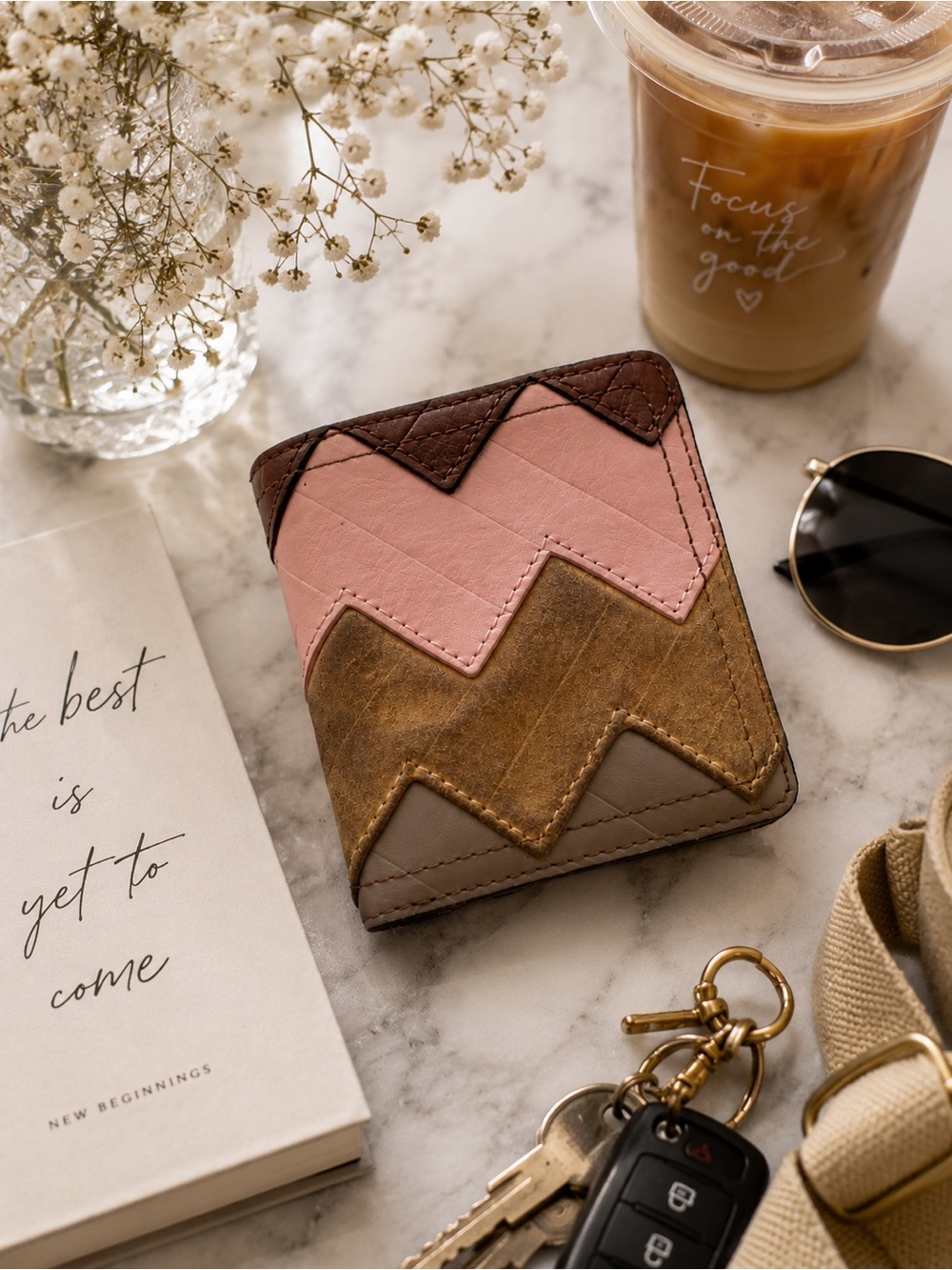 Fossil Logan RFID Small Leather Chevron Patchwork Bifold Wallet - Pink Brown